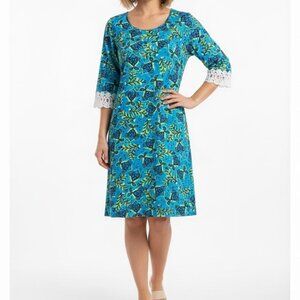 Tracy Negoshian Sheath Dress Blue Green Fish Floral Print Jersey Small